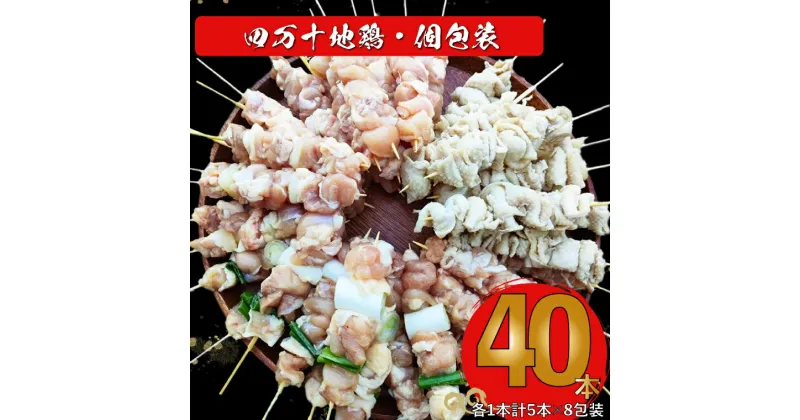 【ふるさと納税】【生・冷凍】四万十鶏のやきとり 計40本 国産鶏 焼き鳥 焼鳥串 5種（せせり もも にんにくま ねぎま かわ 各1本）5本1袋 ×8パック 銘柄鶏 タレ・塩付 BBQ 焼いてない ソロキャン 串もの ヤキトリ 日鶏 hidori